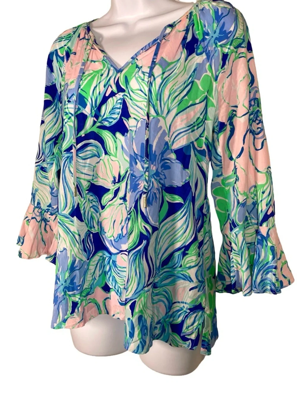 Lilly Pulitzer Willa Top XS Blue Pink Floral Flounce Sleeve Blouse - Picture 4 of 7